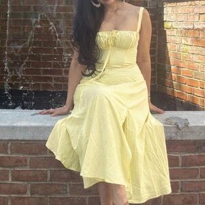 Pale YELLOW Midi A-line slit Milkmaid Summer Dress Cottagecore SMALL/MEDIUM